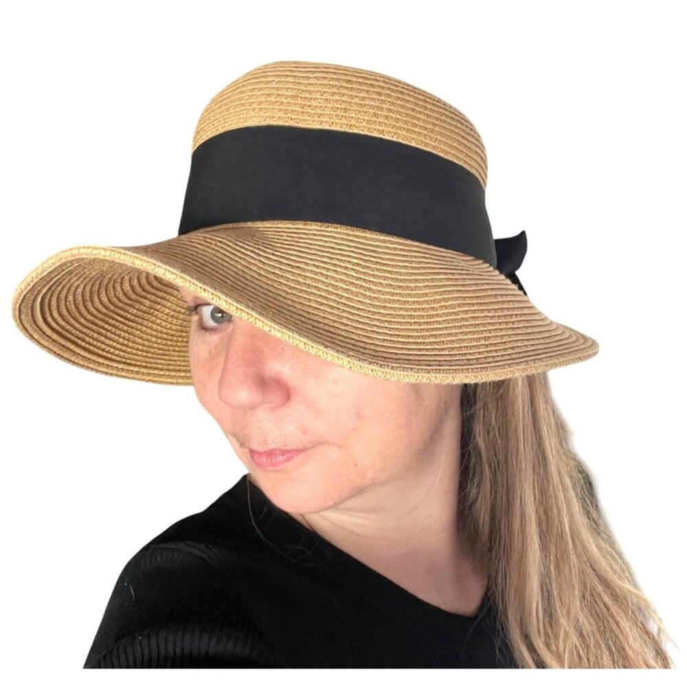 Scala Vintage Style Sun Hat With Black Ribbon Bow Handmade Paper Straw Women One